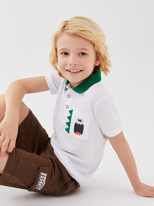 Polo Yaka Bask?l? K?sa Kollu Erkek ?ocuk Ti??rt