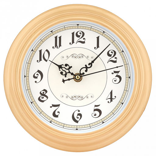 Часы настенные "Вензель" д19-22,5см, h4см, мягкий ход, циферблат белый/бежевый; цифры арабские, черный; корпус пластик, бежевый "под дерево"; в коробке (Китай)