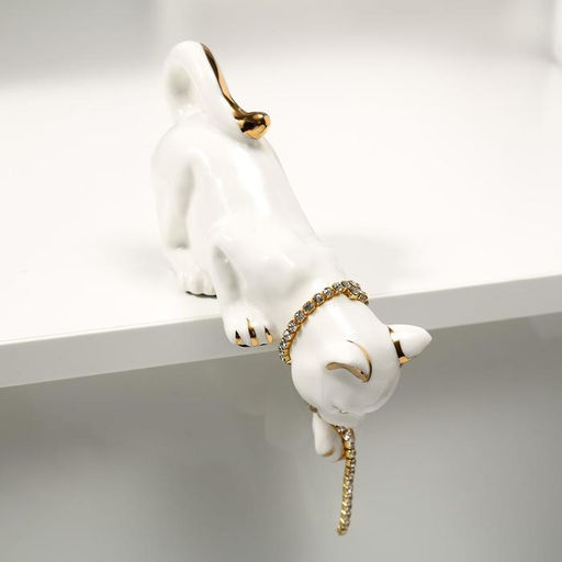 Фигурка настольная керамика «Кошка бело-золотистая с цепочкой из страз», на полку, стол, 8.5×5.5×17 см