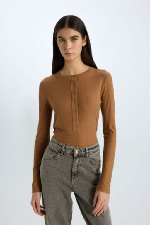 Slim Fit Dar Kesim Bisiklet Yaka Casual Fitilli Kaskorse Uzun Kollu Tisort