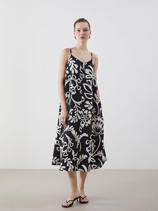 V Yaka ?i?ekli Ask?l? A Kesim Elbise