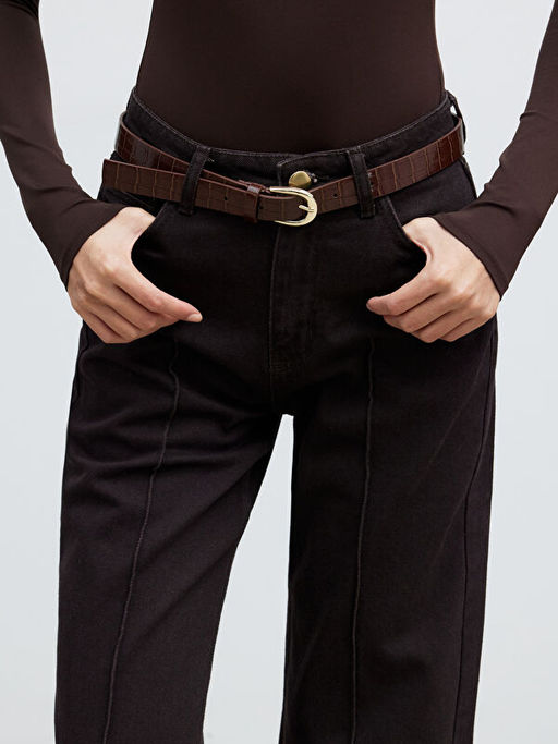 Beli Kemerli Wideleg Kad?n Jean Pantolon