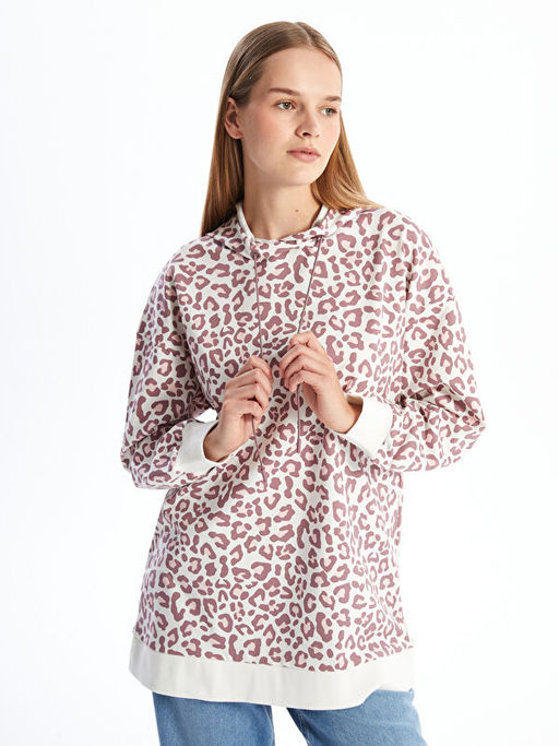 Kap??onlu Leopar Desenli Kad?n Sweatshirt Tunik