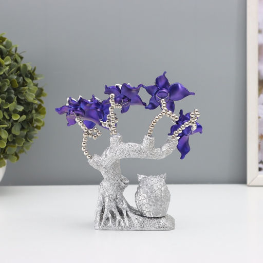 Фигурка от сглаза «Цветущее дерево. Филин со слитком золота», серебро, синий, 16×5.5×18.5 см