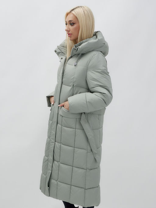 Пальто утепленное стеганное зимнее с капюшоном женское зеленого цвета 9609Z - Mtforce фото 3
