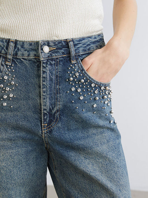 Barrel Fit Ta?l? Kad?n Jean Pantolon