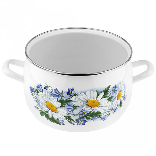 Ромашковое поле Кастрюля эмалированная 5,0л, форма полусфера, стеклянная крышка, нержавеющий ободок (Россия) - Домашняя мода фото 3