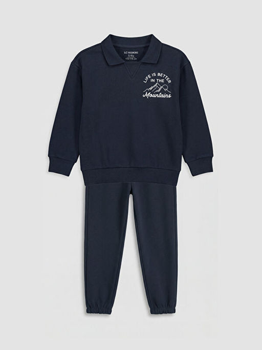 Polo Yaka Bask?l? Erkek ?ocuk Kal?n E?ofman Tak?m?