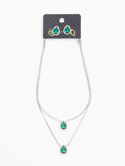 Набор 2 предмета: серьги, колье Жаклин дуэт, капля, цвет бело-изумрудный в серебре, 45 см