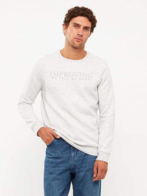 Bisiklet Yaka Bask?l? Erkek Kal?n Sweatshirt