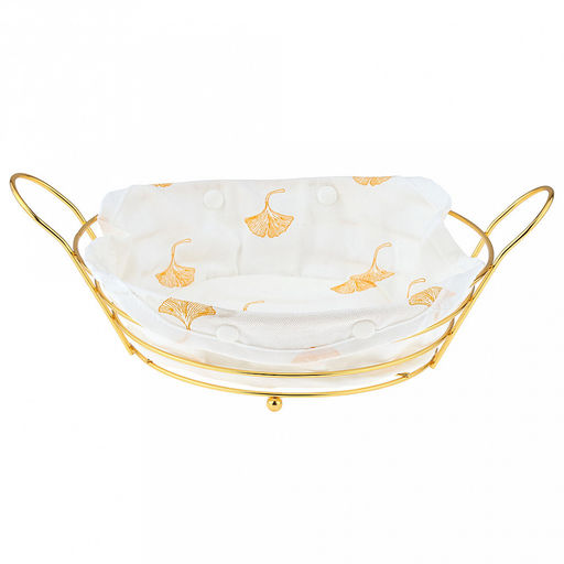 Корзина-сухарница металлическая, окрашенная "Мечта" д23,5см h6,8см s3мм, форма "круглая" с ручками, на ножках, чехол хлопок на кнопках, цвет - золотой (Китай)