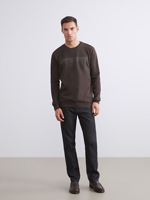 Bisiklet Yaka Bask?l? Erkek Kal?n Sweatshirt