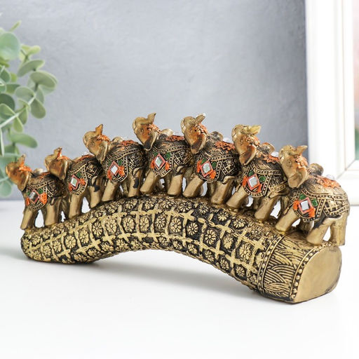 Фигура полистоун «Семь слонов на бивне с цветами», под бронзу, 21×4×9.8 см