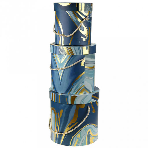 Коробка подарочная, набор 3 штуки: д14х14,5см; д17х17см; д19х19см "Акварель" синие тона с золотом, с ручкой (Китай)