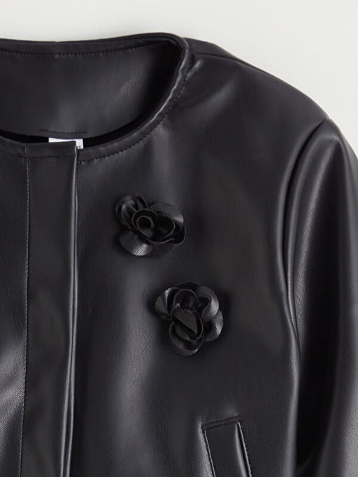 ?i?ekli Deri G?r?n?ml? K?z ?ocuk Ceket