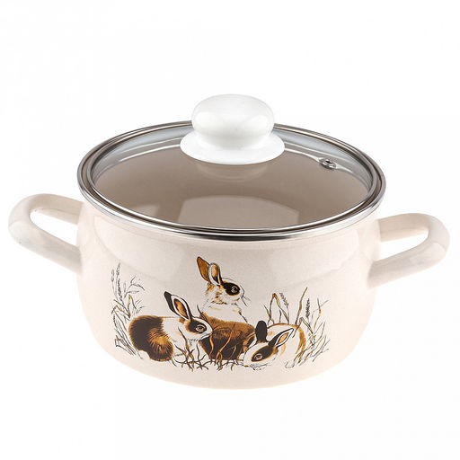 Зайчата Кастрюля эмалированная 2,0л, форма полусфера, стеклянная крышка, нержавеющий ободок (Россия)
