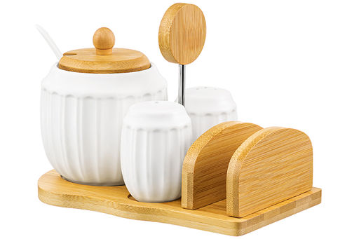 Набор - сахарница 350 мл Ампир с ложкой + солонка + перечница + салфетница на дер. подст. с ручкой - Elan gallery фото 7