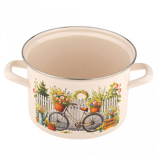 "Романтика" Кастрюля эмалированная 3,0л, форма цилиндрическая, металлическая крышка с пластмассовой ручкой-кнопкой, нержавеющий ободок (Россия)