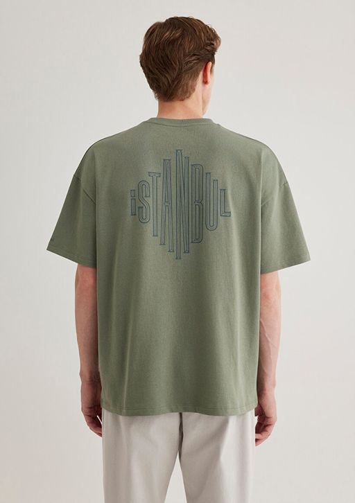 S?rt Bask?l? Haki Istanbul Tisort - Mavi фото 5