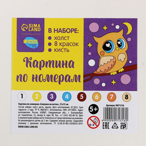 Картина по номерам для детей Совушка на ветке, 21?15 см