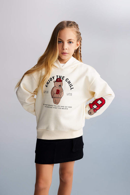 Толстая толстая толстовка на мягкой подкладке с капюшоном и принтом для девочек - Defacto фото 4