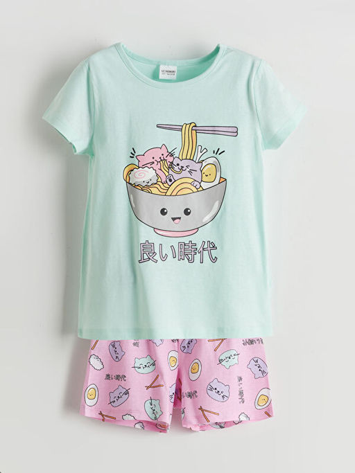 Bask?l? K?z ?ocuk ?ortlu Pijama Tak?m