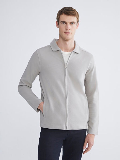 Standart Kal?p Polo Yaka Erkek Fermuarl? Sweatshirt