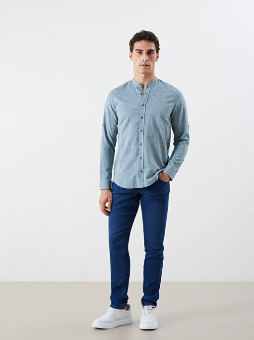 Regular Fit Uzun Kollu Keten Kar???ml? Erkek G?mlek