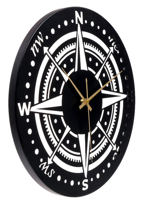 Часы настенные интерьерные «Компас», бесшумные, плавный ход, d=40 см, металл, чёрные