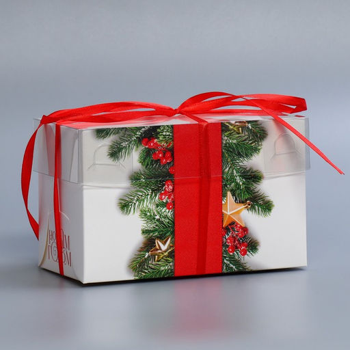 Цена за 5 шт. Коробка для капкейка «С Новым годом», хвоя и ягоды, 16×8×10 см