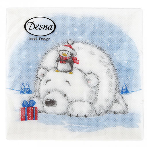 Салфетки бумажные "Desna Design" 24х24см, 1 слойные, 40 штук в упаковке, 100% целлюлоза, "Мишка и пингвин" (Россия)
