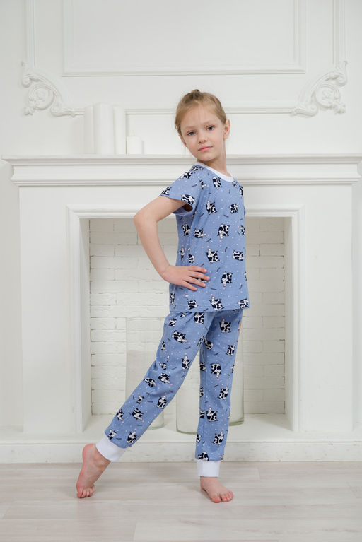 Пижама детская из футболки и брюк из кулирки Коровы голубой - Амадэль фото 4