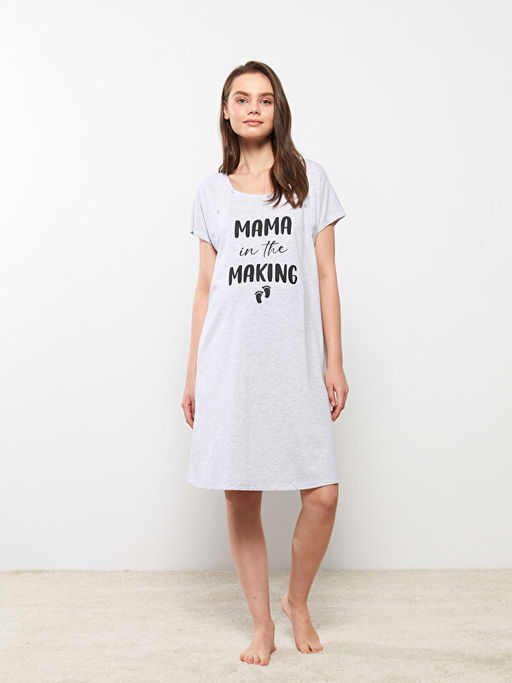 Bisiklet Yaka Bask?l? K?sa Kollu Hamile Gecelik