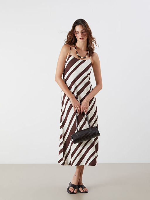 Kare Yaka ?izgili Keten Kar???ml? Elbise