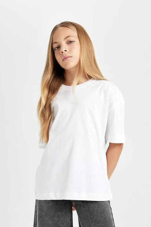 Базовая футболка оверсайз с круглым вырезом и короткими рукавами для девочек - Defacto фото 5