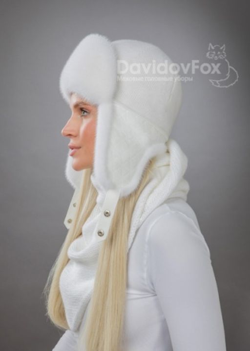 Комплект ушанка норка трикотаж белая косынка
