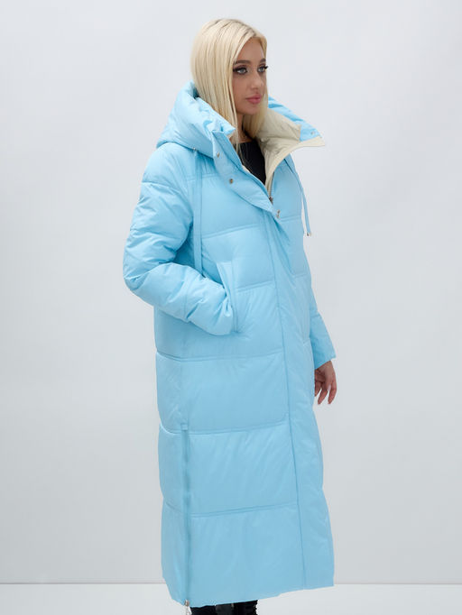 Пальто утепленное стеганное зимнее с капюшоном женское голубого цвета 9625Gl - Mtforce фото 11
