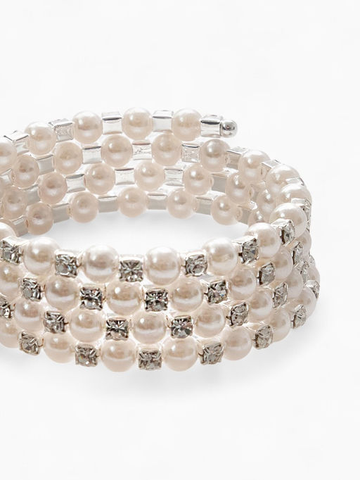 Браслет жемчуг Пружинка стразинки, шар №6, цвет белый в серебре, d=6 см