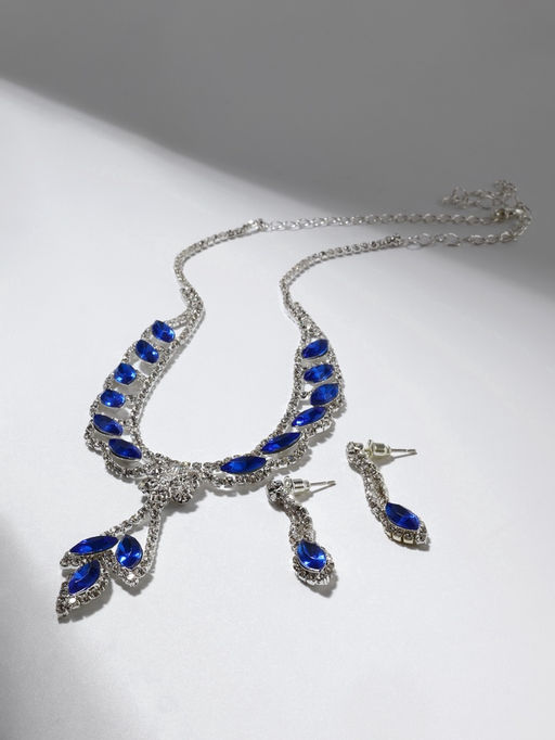 Набор 2 предмета: серьги, колье Листопад ромб, цвет сине-белый в серебре, 45 см