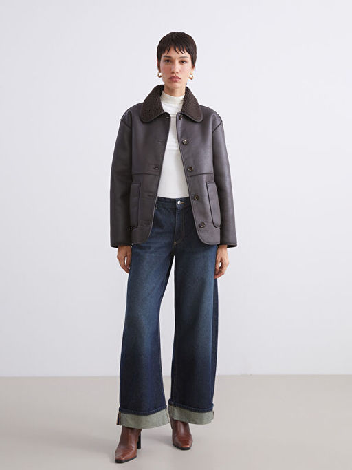 Pel?? G?mlek Yaka Kad?n Deri G?r?n?ml? Mont