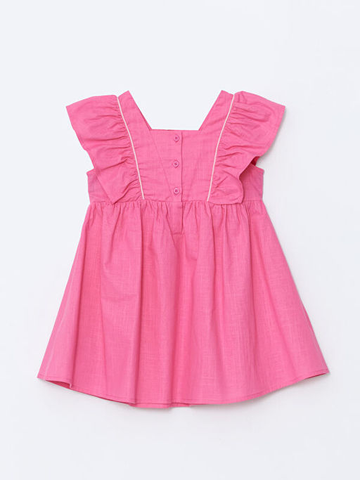 Kare Yaka Keten G?r?n?ml? K?z ?ocuk Elbise