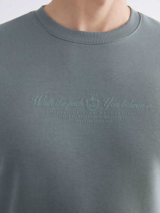 Standart Kal?p Bisiklet Yaka Bask?l? Erkek Kal?n Sweatshirt