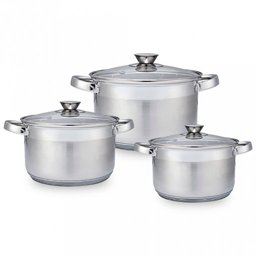 Набор кастрюль из нержавеющей стали "Silver" 3 штуки: 2,7л, 3,6л, 6,5л, s0,4см, дно s3см, стеклянная крышка, многослойное термоаккумулирующее дно, цветная коробка, "Appetite" (Китай)