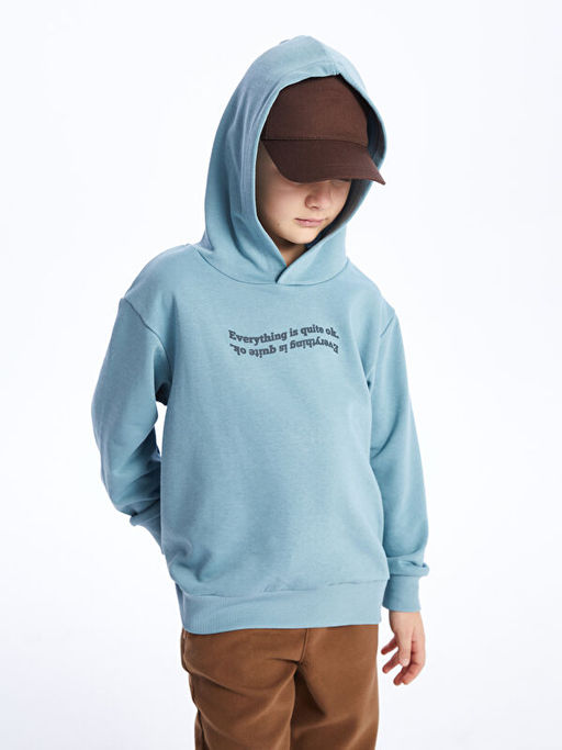 Bask?l? Uzun Kollu Erkek ?ocuk Hoodie - Waikiki фото 3