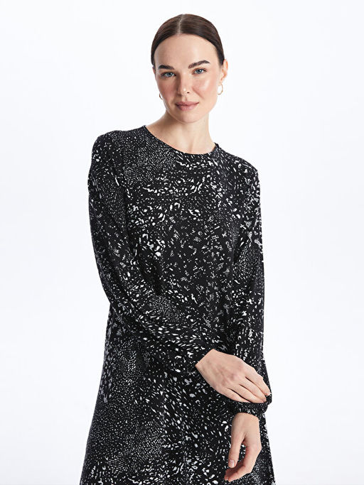 Bisiklet Yaka Desenli Uzun Kollu A Kesim Elbise