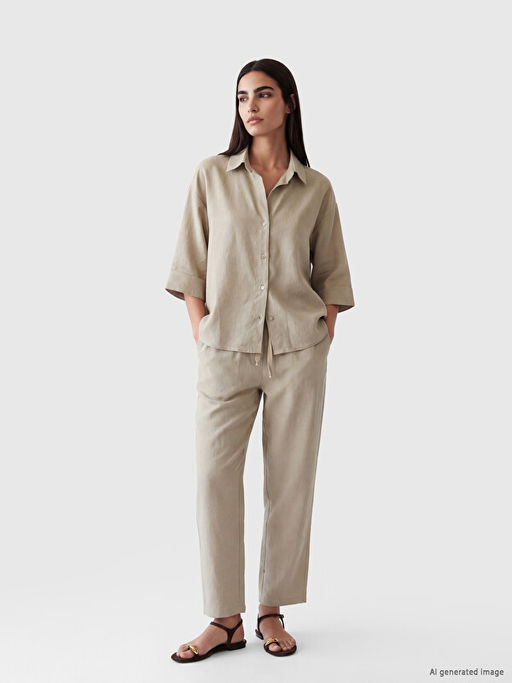 Keten Kar???ml? Oversize Kad?n G?mlek