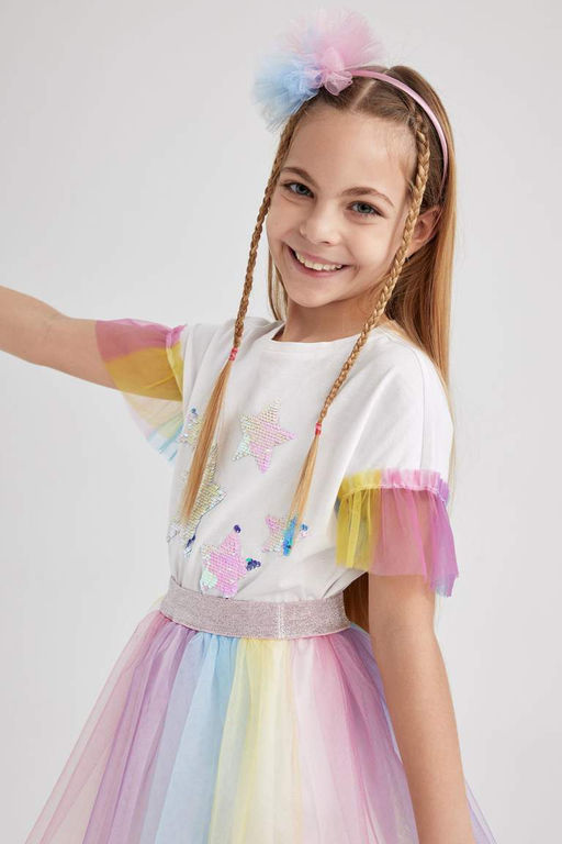 Белая футболка с короткими рукавами из тюля с принтом для девочек - Defacto фото 5