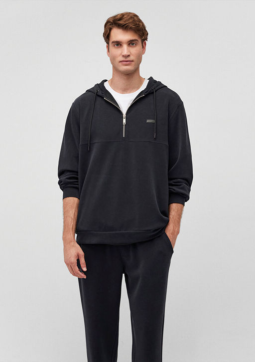 Kapusonlu Siyah Sweatshirt - Mavi фото 2