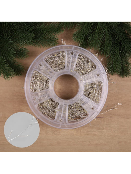 Гирлянда «Мишура» 50 м роса, IP44, серебристая нить, 1500 LED, 8 режимов, свечение тёплое белое, 36 В