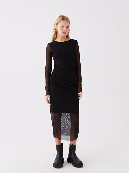 Bisiklet Yaka D?z Uzun Kollu Kad?n Bodycon Elbise